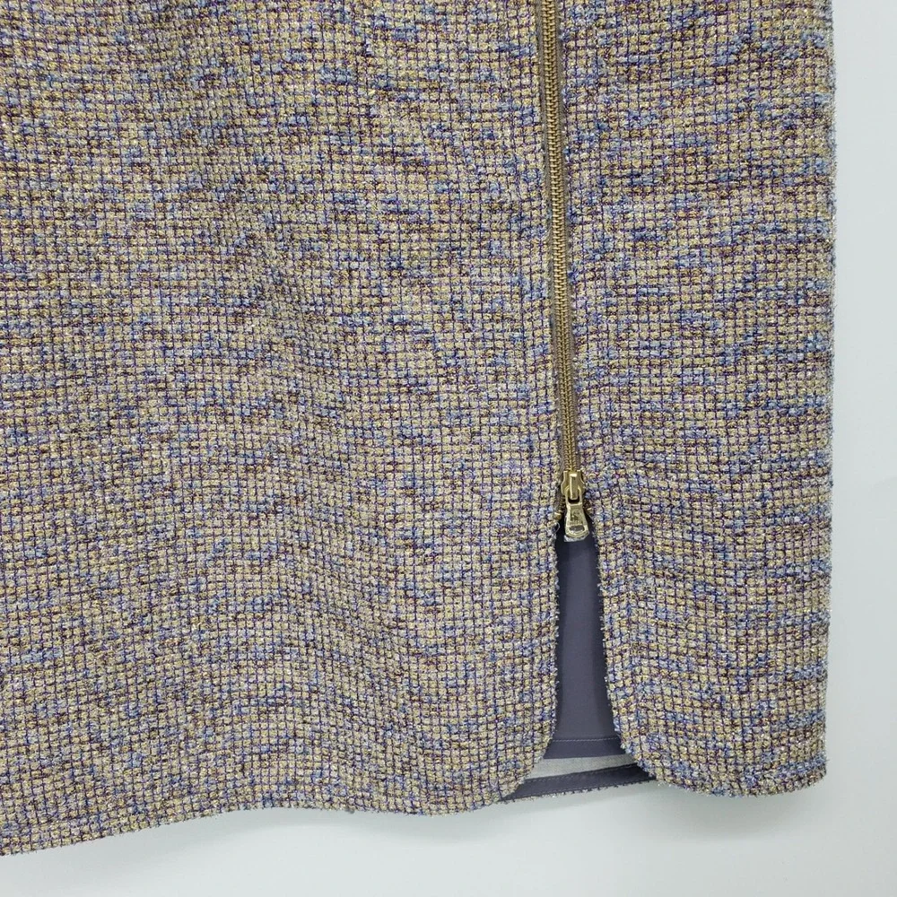 J Crew Metallic Tweed Asymmetric Zip Pencil Skirt Womens 8 Purple Gold NWT E1246